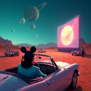 surreal retro-futuristic drive-in theatre on the red deserts of...