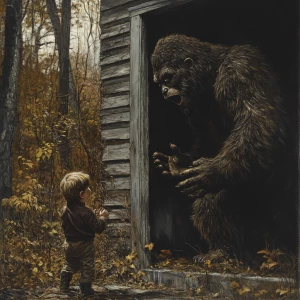 A humanoid looking hair covered sasquatch coming around a corner...