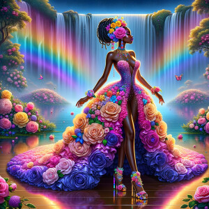 Remix Prompt
S/O Jackie Torres
S/O Panda Locke

create a animated style hyper realistic airbrush whimsical oil painting of a light African American woman wearing a flawless beautiful purple, pink, and gold blossom dress long flowing with colorful flowers and ruffles on the dress colorful jewelry made of flowers she has long black dreadlocks in a bun a colorful rose in her hair her peep toe shoes is matching her dress behind her is a beautiful waterfall liquid glowing lights beautiful colorful rainbow surrounded by beautiful roses.