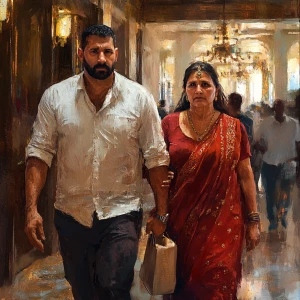 Photorealism.A sweaty beefy man walking with his 54 year old kas...