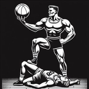 Black and white poster of Anthony Edwards standing over a knocke...