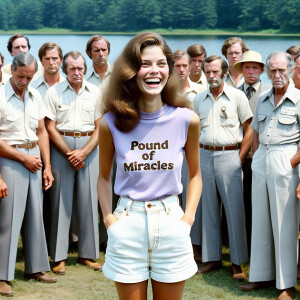 create a film snapshot from 1972 of dozens of dour men standing...