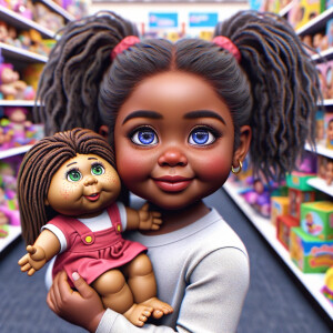 Create a 3-D realistic image of an African-American little girl above the age of five she has huge, blue eyes and thick long ponytails.
She is in a toy store and she is playing with her favorite african-American Cabbage Patch doll , the doll has deep, dimples and freckles