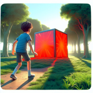 A child walk to a big red box