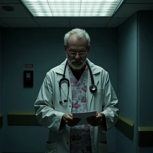 "An evil-looking doctor stands under harsh fluorescent lights, d...