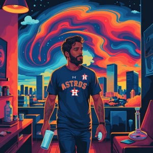 Create pic featuring a stoned man walking around in a cluttered apartment in Houston. He is searching for his blunt, but it’s hidden behind his ear. Include trippy, swirling colors in the background, subtle Houston imagery like a view from a skyline, a styrofoam cup, a Astros shirt. blunt behind ear. and a bong