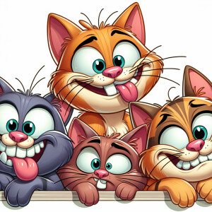 A cartoon of Three mischievous cats Sitting on a ledge, making g...