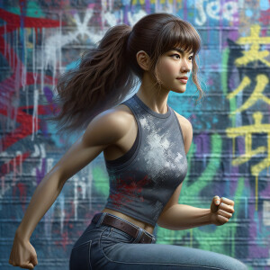 Very thin Athletic Thin skinny Attractive, Asian teenage girl, long brown hair and bangs, wearing tight skinny jeans and a halter top paint marks on her clothing, sitting side view heroic pose Asian graffiti