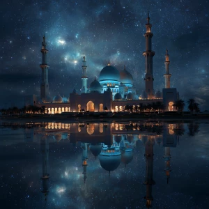 Generate an image of a grand mosque with glowing blue domes unde...