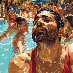 Create a digital artwork depicting a bustling summer pool party...
