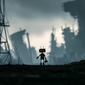 Small black silhouette of the robot to walk through a ruined cit...
