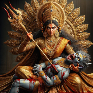 portrait of angry looking goddess durga sitting on a gold crown and carrying a weak mahishasur on her lap and stabbing him with her amazingly designed trident. She is wearing gold armor, a huge gold crown, gold saree, abundant  gold jewelry, covered in blood. The scene is set in ancient India. The image is 8K resolution, cinematic, ultra detailed face and epic.