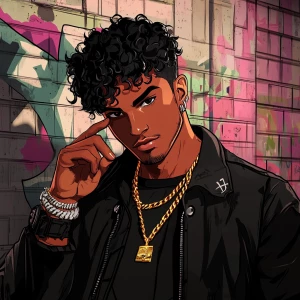 A character with short, curly hair styled in a high fade, wearin...
