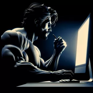 Silhouette of a muscular man engrossed in making images on the c...