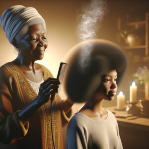 Create a realistic 3-D image of an african-American grandmother in the kitchen with her african-American granddaughter. The grandmother has a hot comb in her hair and she is straightening her granddaughters hair. One side of her granddaughters hair is in  a Afro the other is bone straight 
There is smoke coming from the hot comb