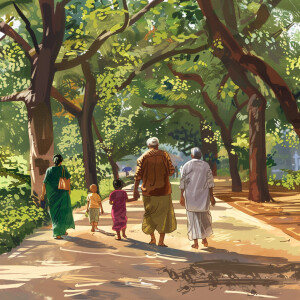 grandparents and kids going for walk in beautiful park in modern...