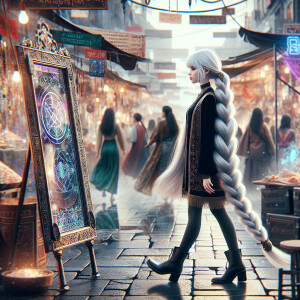 A beautiful girl with long white hair braided in two braids and...