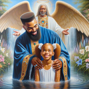 An oil painting depicting a light-skinned African-American pasto...