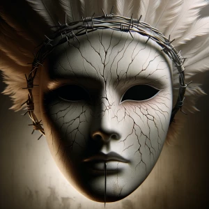 Generate an image of a full-face, white mask with several visibl...