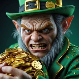 Create an image of a sinister-looking leprechaun with an extreme...