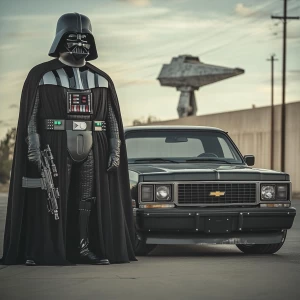 Darth Vader stands imposingly beside a 1986 Chevrolet C10, custo...