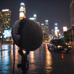 Create an image of Los Angeles at night after a rainfall, focusi...