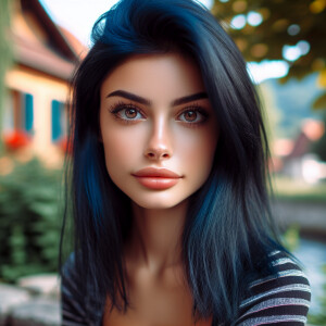 A very attractive young woman with straight dark blue hair and d...