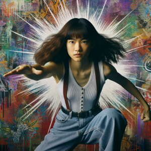 teenage girl, long brown hair and bangs, wearing tight skinny jeans and a halter top paint marks on her clothing, heroic pose Asian graffiti background, nearing on one knee