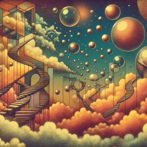 Imagine a surreal dream featuring a warm hue color palette, with...