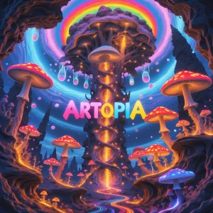 A hyper-detailed psychedelic vertical landscape of a surreal, mi...
