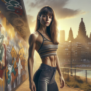 Athletic Thin skinny Attractive, Asian teenage girl, long brown hair and bangs, wearing tight skinny jeans and a halter top paint marks on her clothing, heroic pose Asian graffiti background, backside view