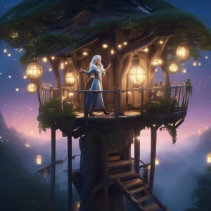 An elegantly dressed elf with flowing silver hair, standing atop a treehouse platform. Below them, the lush forest glows softly under the moonlight, with faint magical lights drifting in the background.