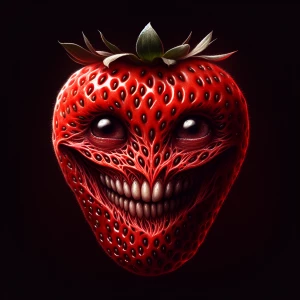 Anthropomorphic strawberry with an exaggerated menacing expressi...