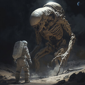 An eerie extraterrestrial creature with mangled skin and protrud...