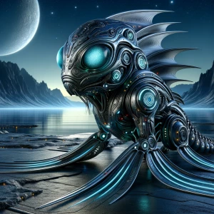 In a starkly futuristic landscape, a zealous high-tech fishlike...