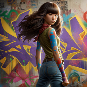 Attractive, Asian teenage girl, long brown hair and bangs, weari...