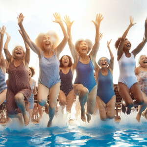 A lot of grandmothers jump into the pool