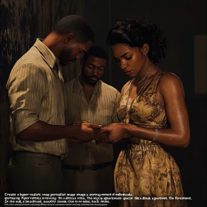 Certainly! Here's a detailed prompt for a lifelike image focusing on betrayal:

"Create a hyper-realistic image portraying a moment of betrayal involving three African American individuals. The setting is a dimly lit, intimate space like a cozy apartment. In the foreground, a beautiful black female stands close to one of the males, her partner, whose expression shows affection and trust as he holds her hand gently. Slightly behind them, the second male, who is the partner’s close friend, shares a furtive, knowing glance with the female. His body language is confident yet subtle, suggesting a hidden connection. The tension should be palpable in the image, with the lighting and shadows enhancing the emotional complexity of the scene. Facial expressions and eye contact should vividly convey the theme of deception and the emerging love triangle."