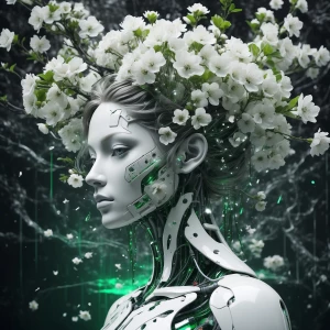 White flowering tree. music notes, glitch, oozing cosmic oily li...