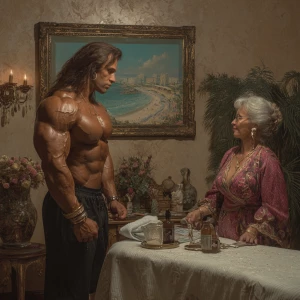 Realism photo painting, a muscular Russian man in his beach hote...