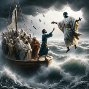 African-American Jesus telling Peter to come walk on the water,...
