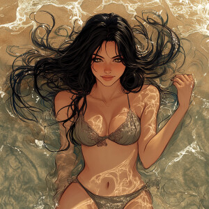 Illustration in the style of alphonse mucha, Bayonetta, in relax...