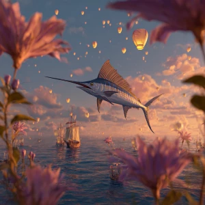 A sleek, silvery sailfish soaring through a dreamlike sky above...