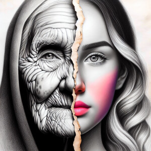 Create a hyperdetailed photorealistic macro image of an elderly...