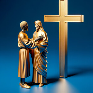 make 3-D realistic gold cross, African-American, Jesus, playing...
