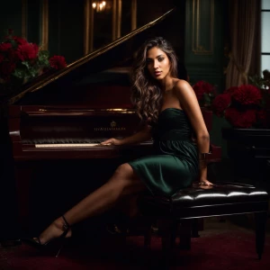 Refined, detailed woman seated sideways on black grand piano in...