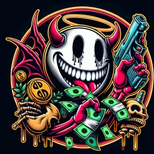 Design a cartoon-style circular logo featuring a cheeky demon we...