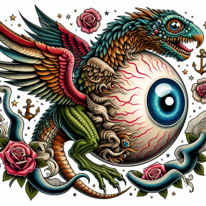 Flying dinosaurish eyeball with wings in an old school tattoo st...