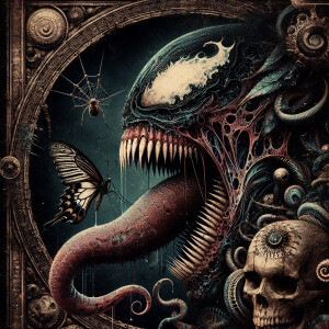 A dark, eerie, and horror-themed digital art depiction of the us...