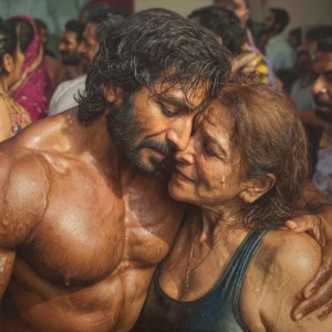 Hyperrealism photo painting,a muscular beefy kashmiri man intima...